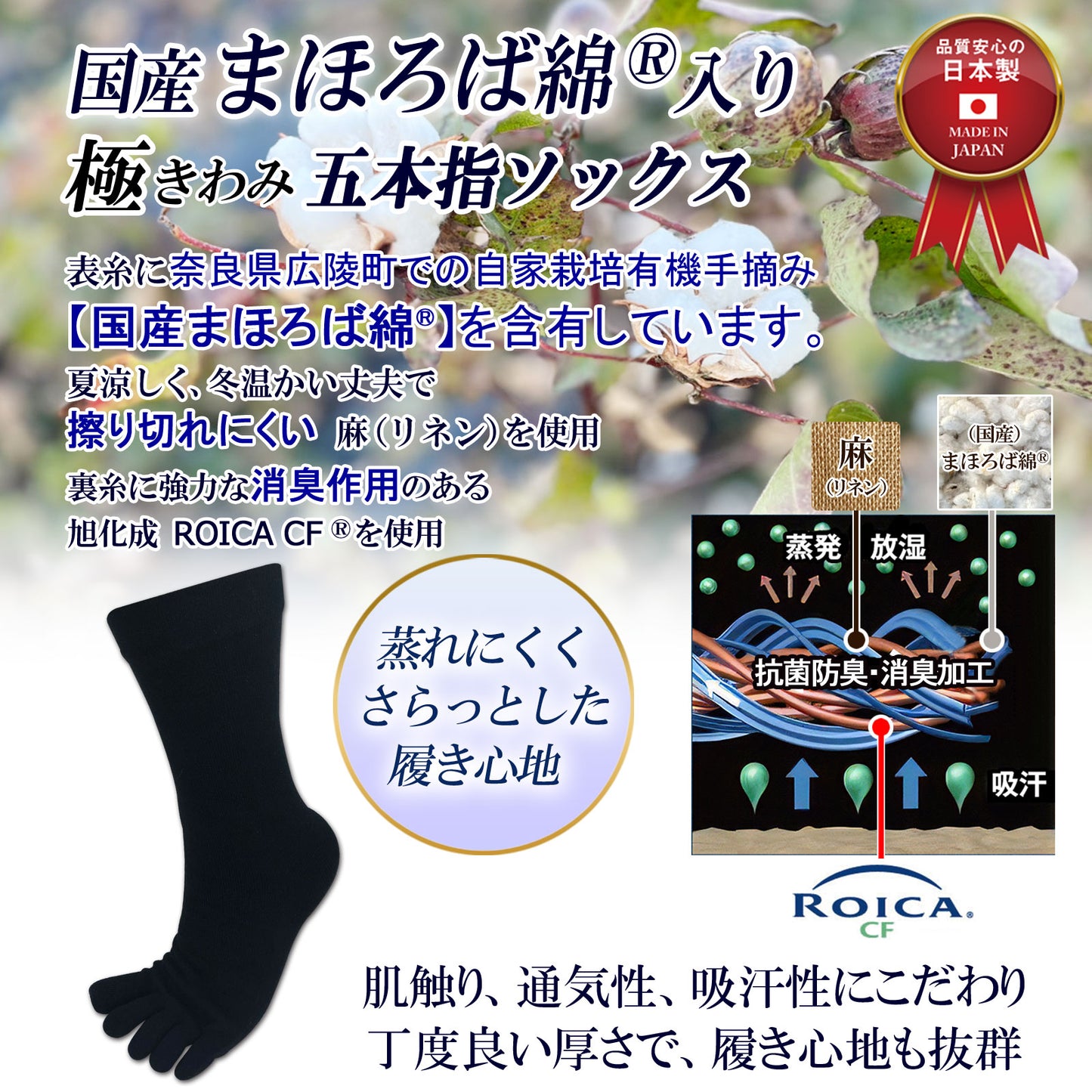 新生活応援セール！15％OFF【極】5本指ソックス  クルー丈 メンズ まほろば綿® 含有  25-27cm  5足 マルチカラー ボーダー