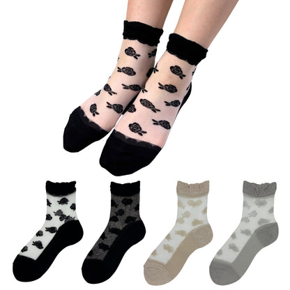 50％OFF【大和美神】 シースルーソックス くるぶし丈 アソート4色セット 無地ノーマル/履き口フリルローズ柄