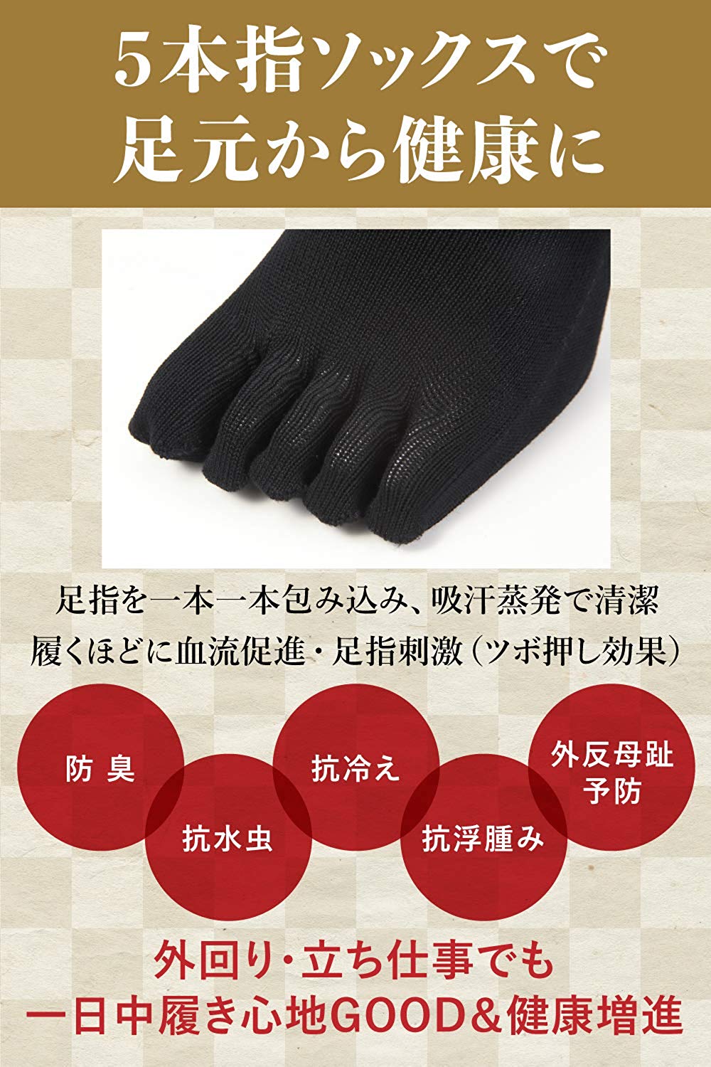 新生活応援セール！15％OFF【 社長の靴下® 】5本指 滑り止め付き クルー丈 メンズ  25-27㎝ 1足/3足/5足セット  黒