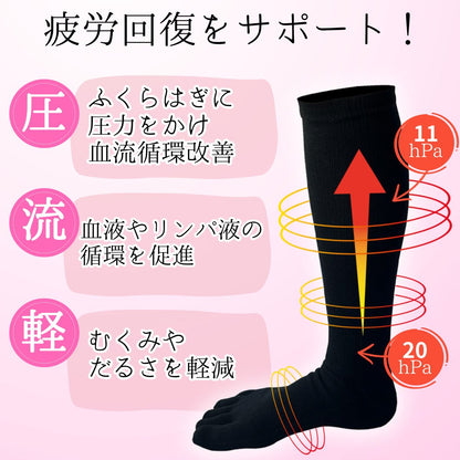 【 極 】5本指ソックス 着圧ハイソックス レディース 22-25㎝ 1足 黒 白