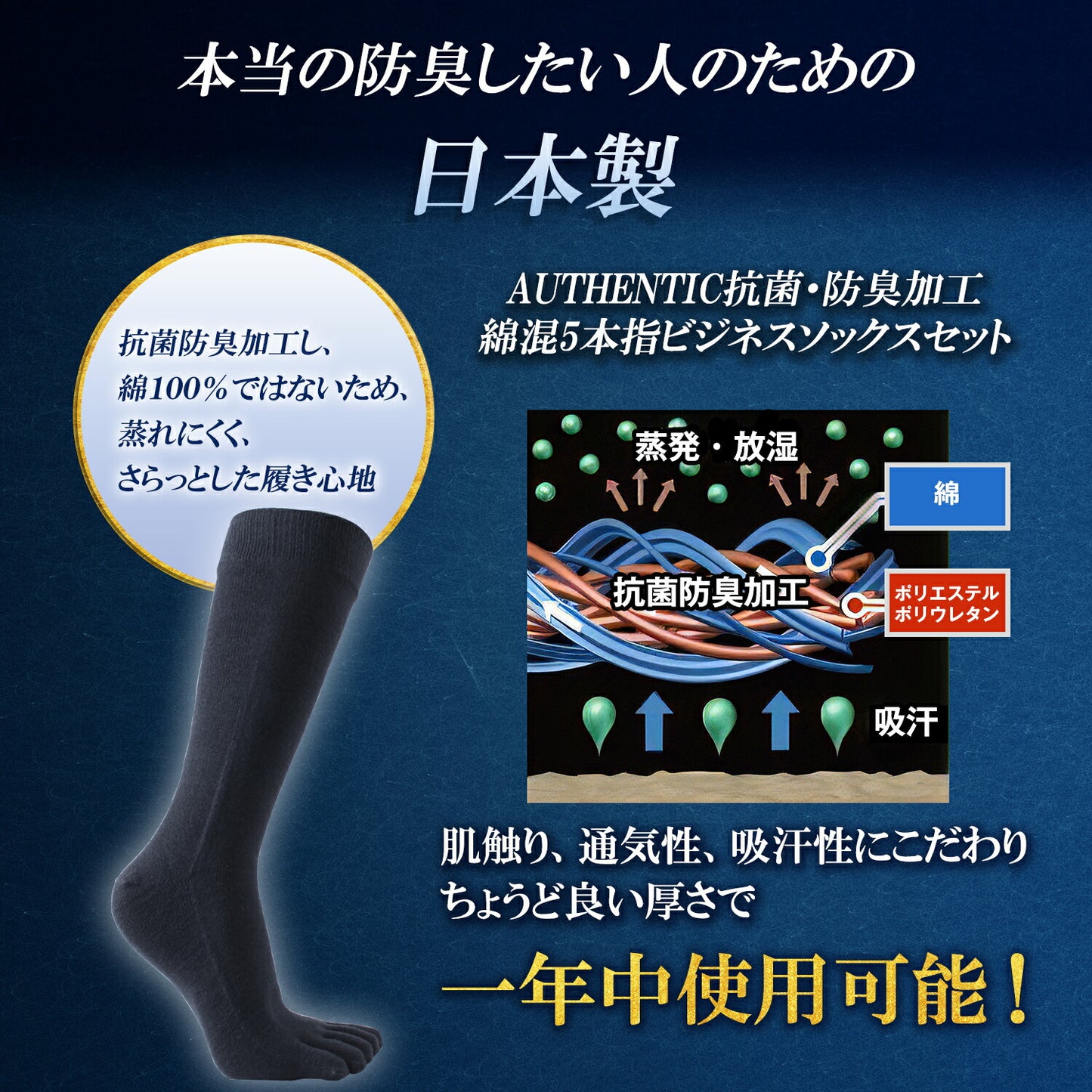 新生活応援セール！15％OFF【 20時間履いても臭くならない】 5本指 クルー丈 メンズ 25-28cm 1足/5足/10足セット 黒